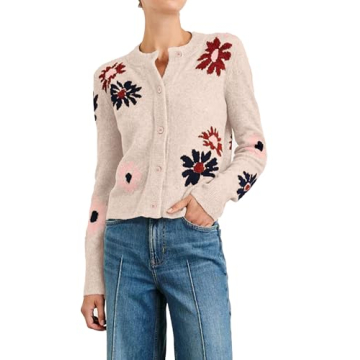 ZOCPEONY Cardigan Sweaters for Women Cropped Button Down Sweater Long Sleeve Crew Neck Knit Floral P...