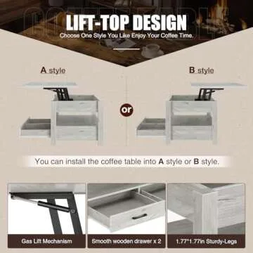 Rolanstar Coffee Table, Lift Top Coffee Table with Drawers and Hidden Compartment, Living Room Table with Wooden Lift Tabletop, for Living Room, Grey