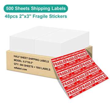 MFLABEL Half Sheet Labels with Self Adhesive,8.5 x 11 Inches Packaging Labels, Address Labels, Shipping Labels for Laser & Inkjet Printers,1000 Count(500 Sheets)