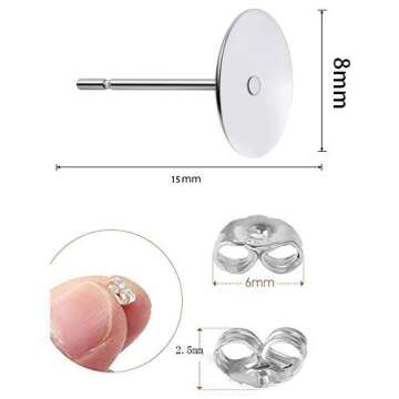 190 PCS Hypoallergenic 925 Sterling Silver Plated Earrings Posts Flat Pad Blank Earrings Pin Studs with 925 Sterling Silver Earring Backs for DIY Jewelry Making Findings(5mm 6mm 8mm)