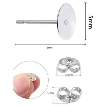 190 PCS Hypoallergenic 925 Sterling Silver Plated Earrings Posts Flat Pad Blank Earrings Pin Studs with 925 Sterling Silver Earring Backs for DIY Jewelry Making Findings(5mm 6mm 8mm)