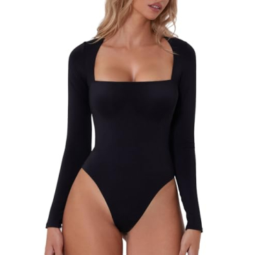 QINSEN Black Bodysuit for Women Thong Sexy Square Neck Long Sleeve Shirt Tops XS