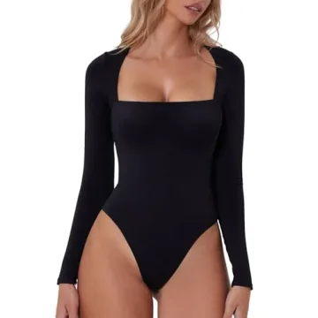 QINSEN Black Bodysuit for Women Thong Sexy Square Neck Long Sleeve Shirt Tops XS