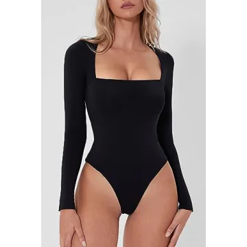 QINSEN Black Bodysuit for Women Thong Sexy Square Neck Long Sleeve Shirt Tops XS
