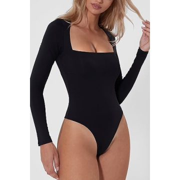 QINSEN Black Bodysuit for Women Thong Sexy Square Neck Long Sleeve Shirt Tops XS
