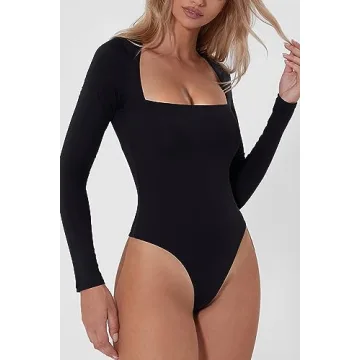 QINSEN Black Bodysuit for Women Thong Sexy Square Neck Long Sleeve Shirt Tops XS