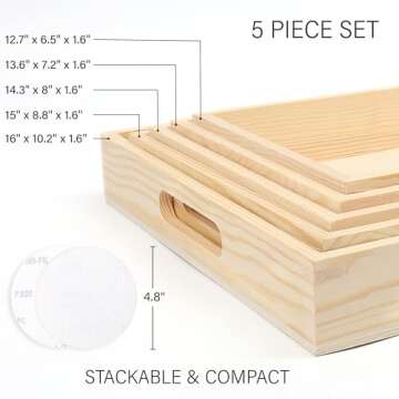 LotFancy Wooden Nested Serving Trays, Set of 5, Unfinished Natural Wood Trays with Handles, for Craft and Decor, Food Organizer for Breakfast, Lunch, Dinner