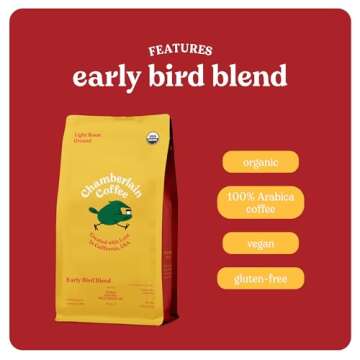 Chamberlain Coffee Early Bird Blend - Light Roast Ground Coffee Beans with Notes of Citrus, Caramel & Milk Chocolate - Specialty Ground Coffee Freshly Roasted In California - 12 oz