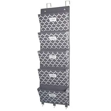 homyfort Over the Door File Organizer, Hanging File Folders, Wall Organizers and Storage for Mail, Magazine, Notebooks, Planners, Office, Classroom, 5 Extra Large Pockets (Grey Lantern Pattern)