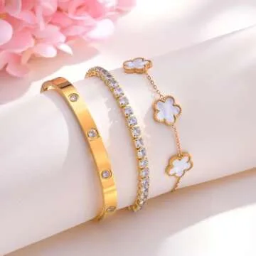 Trendy 18K Gold Plated Stackable Floral Bracelets Set