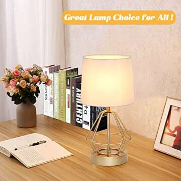 Set of 2 Touch Control Table Lamp White&Gold, 3-Way Dimmable Bedside Lamps with USB& Type C Ports, F...
