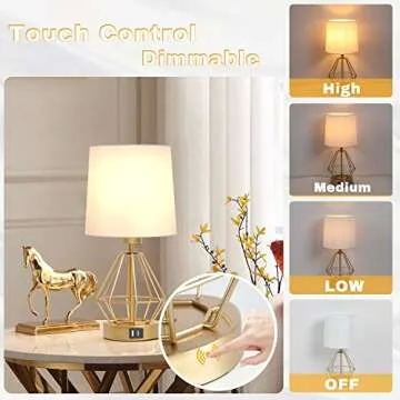 Set of 2 Touch Control Table Lamp White&Gold, 3-Way Dimmable Bedside Lamps with USB& Type C Ports, Fabric Modern Small Nightstand Lamps for Bedroom Living Room Office Desk Hallow Base (Gold)