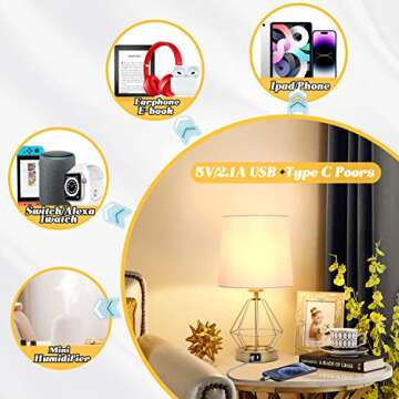 Set of 2 Touch Control Table Lamp White&Gold, 3-Way Dimmable Bedside Lamps with USB& Type C Ports, Fabric Modern Small Nightstand Lamps for Bedroom Living Room Office Desk Hallow Base (Gold)