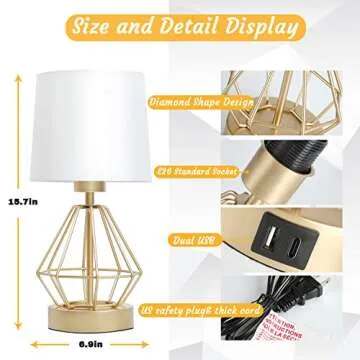 Set of 2 Touch Control Table Lamp White&Gold, 3-Way Dimmable Bedside Lamps with USB& Type C Ports, Fabric Modern Small Nightstand Lamps for Bedroom Living Room Office Desk Hallow Base (Gold)