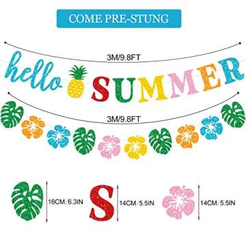 PTFNY Glittery Hello Summer Banner Hawaiian Luau Tropical Themed Banner Colorful Summer Bunting Bann...