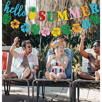 PTFNY Glittery Hello Summer Banner Hawaiian Luau Tropical Themed Banner Colorful Summer Bunting Banner Garland Summer Holiday Birthday Hawaiian Party Decorations for Home Office Indoor Outdoor Wall