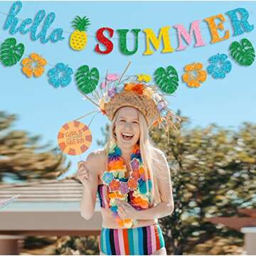 PTFNY Glittery Hello Summer Banner Hawaiian Luau Tropical Themed Banner Colorful Summer Bunting Banner Garland Summer Holiday Birthday Hawaiian Party Decorations for Home Office Indoor Outdoor Wall