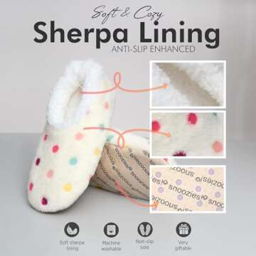 Snoozies Slippers for Women | Lotsa Dots Colorful Cozy Sherpa Slipper Socks | Womens House Slippers | Cozy Slippers for Women | Fuzzy Slippers | White | Large