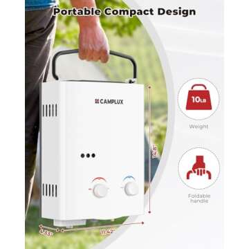 CAMPLUX Tankless Water Heater Outdoor, 1.32 GPM Portable Propane Camping Water Heater, 5L, AY132, Wh...