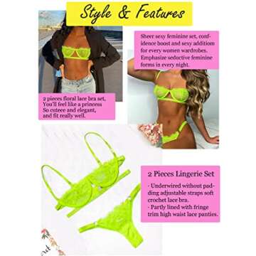 Dlsave Sexy Lingerie for Women Eyelash Lace Mesh Matching Bra and Panty Sets Push Up Lace Bralette 2 Piece Lingerie Set Neonyellow