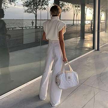 Women's Ribbed Printed Knit Sweater Vest Turtleneck Casual Shoulder Pads Sleeveless Tank Knitwear Tops (Beige, M)