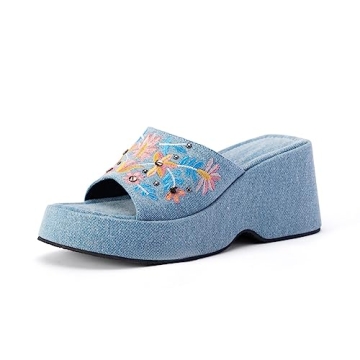 Crepuscute Women’s Embroidery Mesh Platform Wedge Slide Sandals Slip On Open Toe Backless Heeled S...