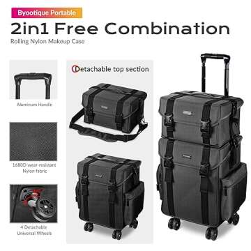 BYOOTIQUE 2in1 Soft Sided Rolling Makeup Train Case Trolley Freelance Makeup Artist Cosmetic Organize Storage Travel Case with Wheels Classic Black
