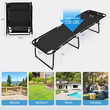 GYMAX Lounge Chairs for Outside, Extra High Folding Beach Tanning Lounger with 4-Level Adjustable Backrest, 2-Level Footrest & Removable Pillow, Sunbathing Lounge for Patio, Lawn, Poolside (1, Black)
