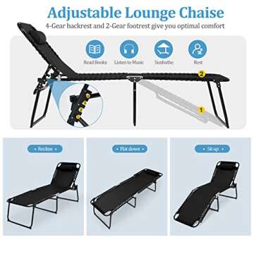 GYMAX Lounge Chairs for Outside, Extra High Folding Beach Tanning Lounger with 4-Level Adjustable Backrest, 2-Level Footrest & Removable Pillow, Sunbathing Lounge for Patio, Lawn, Poolside (1, Black)