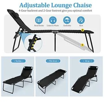 GYMAX Lounge Chairs for Outside, Extra High Folding Beach Tanning Lounger with 4-Level Adjustable Backrest, 2-Level Footrest & Removable Pillow, Sunbathing Lounge for Patio, Lawn, Poolside (1, Black)