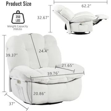 EDWELL Power Recliner Chair, Swivel Recliner Chair with Massage and Heated, Infinite Position, Electric Rocking Glider Reclining Sofa with USB, USB-C Ports for Living Room (White)
