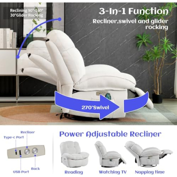 EDWELL Power Recliner Chair, Swivel Recliner Chair with Massage and Heated, Infinite Position, Electric Rocking Glider Reclining Sofa with USB, USB-C Ports for Living Room (White)
