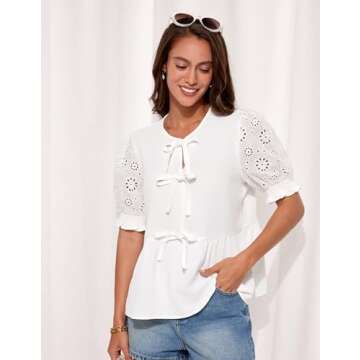 GRACE KARIN Front Tie Peplum Tops for Women Trendy Flowy Loose Fit Puff Sleeve Blouses Shirts Bow Ti...