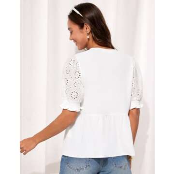 GRACE KARIN Front Tie Peplum Tops for Women Trendy Flowy Loose Fit Puff Sleeve Blouses Shirts Bow Ties Tops White