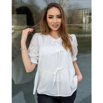 GRACE KARIN Front Tie Peplum Tops for Women Trendy Flowy Loose Fit Puff Sleeve Blouses Shirts Bow Ties Tops White