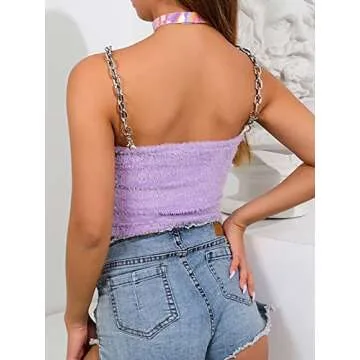 SansoiSan Women Patchwork Chain Camis Streetwear Plush Crop top Clubwear hot Tank Tops Small