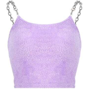 SansoiSan Women Patchwork Chain Camis Streetwear Plush Crop top Clubwear hot Tank Tops Small