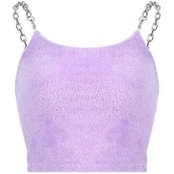 SansoiSan Women Patchwork Chain Camis Streetwear Plush Crop top Clubwear hot Tank Tops Small