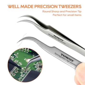 TOWOT Precision Tweezers, Stainless Steel Pointed Tweezers for Craft, Electronics, Soldering, Experimental Work, Jewelry-Making, Non-Magnetic Industrial Tweezers