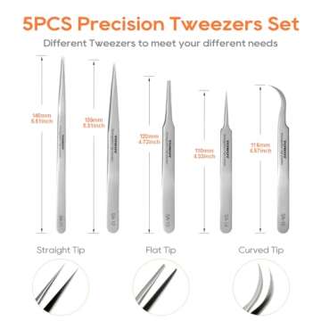 TOWOT Precision Tweezers, Stainless Steel Pointed Tweezers for Craft, Electronics, Soldering, Experimental Work, Jewelry-Making, Non-Magnetic Industrial Tweezers