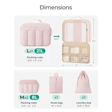 BAGSMART Packing Cubes for Travel Women, Large Capacity Hanging Packing Cubes for Suitcases, Quilted Travel Essentials for Women, Light Pink