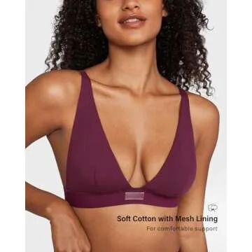 INLYRIC Women's Cotton Plunge Bralette - Comfortable Deep V Wireless Bra in Grape Wine