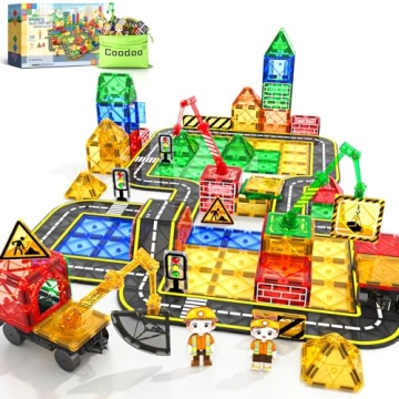 100 PCS Magnetic Tiles Road Set with 3 Cranes & 2 Cars - Magnetic Blocks City Construction Building ...