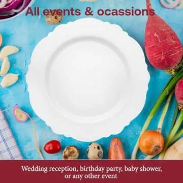 Smarty Had A Party Elegant Disposable Plastic Dinnerware, Blossom Rim Design White 10.25" Plates for Weddings, Birthdays, and All Occasions, Heavy Duty (120 Count)