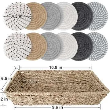 Boho Coasters for Drinks with Seagrass Basket Holder Set,12 Pcs Handmade Woven Absorbent Insulating ...