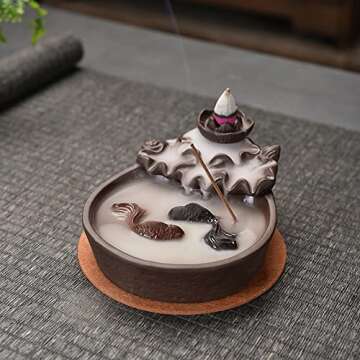 Fish Backflow Incense Burner, Handmade Ceramic Backflow Incense Cone Sticks Holder Home Decor Porcelain with Two Fish and 20 pcs Incense Cones