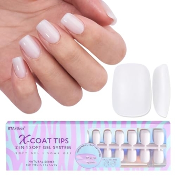 BTArtboxnails XS Short Square Gel Nail Tips - Pre Colored Milky White Soft Gel Nail Tips, Milky Whit...