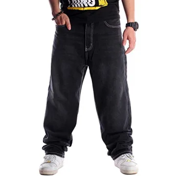 Ylingjun Mens Baggy Hip Hop Jeans Casual Loose Fit Embroidered Skateboard Denim Pants (36, Black 024...