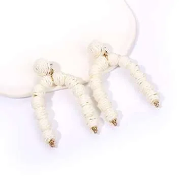 NLCAC Rattan Earrings Boho Handmade Raffia Rattan Ball Arch Dangle Earrings Summer Tropical Beach Je...