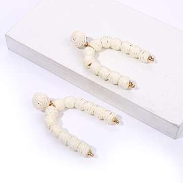 NLCAC Rattan Earrings Boho Handmade Raffia Rattan Ball Arch Dangle Earrings Summer Tropical Beach Jewelry Earrings for Women (Beige)